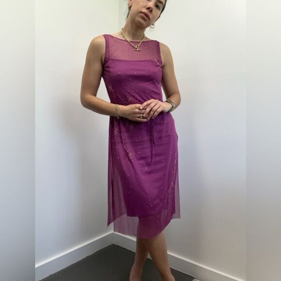 Vintage BCBG MaxAzria 90's/Y2k Pink Mesh Beaded Sleeveless Wrap Midi Dress S - Picture 1 of 10